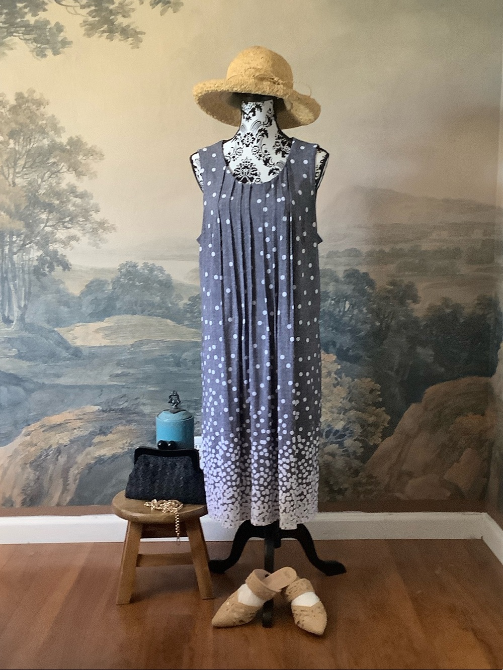 Sleeveless Gray Polka Dot Midi Dress with Pleated Front